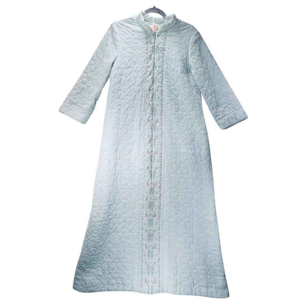 Vtg Sears Pastel Mint Green Quilted Embroidered Long Robe Zipper Pockets READ